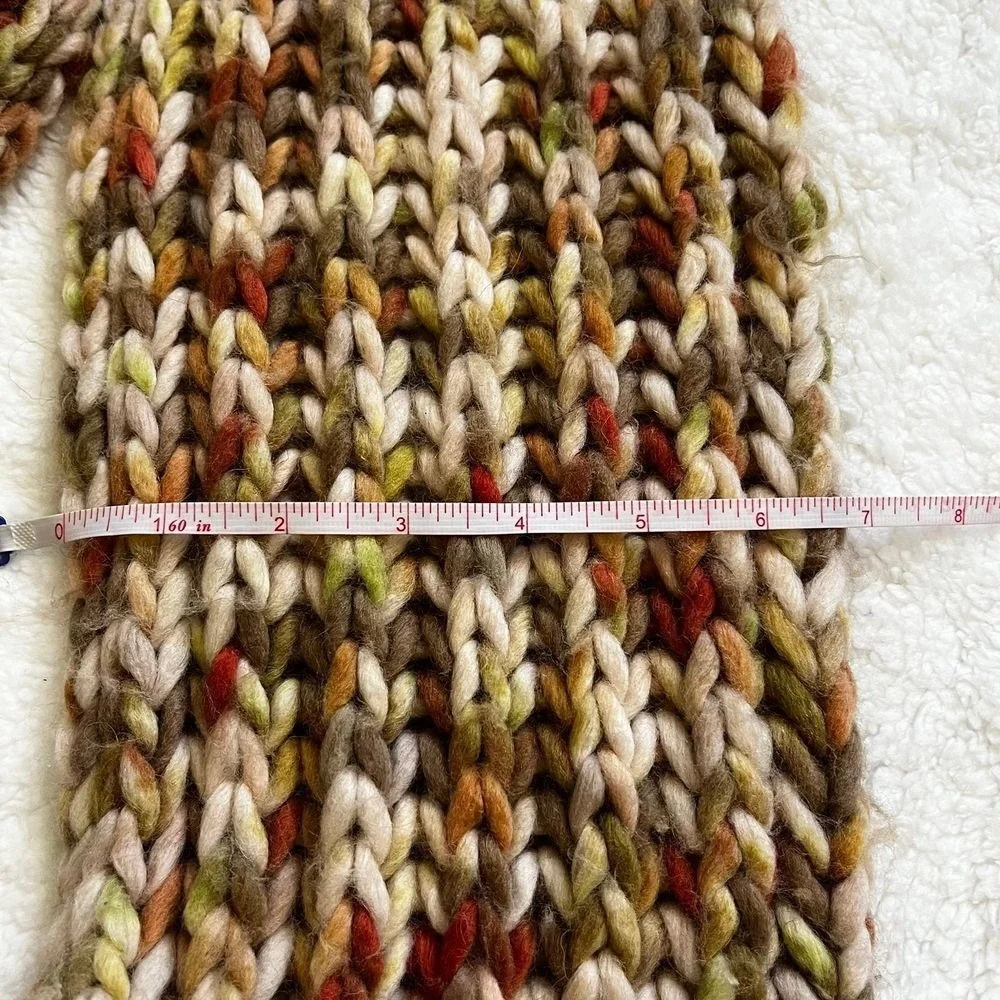 Italian Lambswool Blend Knit Scarf Brown Green Multicolor Fringe Cozy Winter